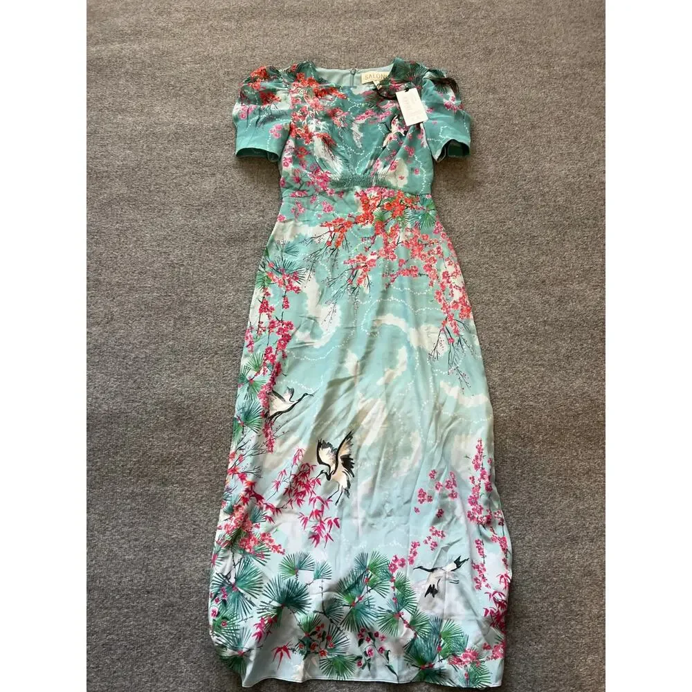 NWT $975 SALONI Bianca Blue Hanami Clouds Pure Silk Jacquard Crepe Chine Dress 4 - Picture 7 of 13